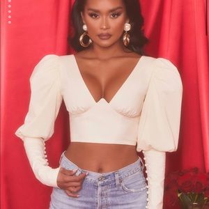 Diamond Heart Plunge Neck Puff Sleeve Crop Top in Oyster White.